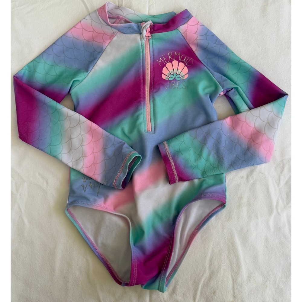 Betsey Johnson Girls Mermaid Vibes Rash Guard One Piece Swimsuit Multicolor Sz 6